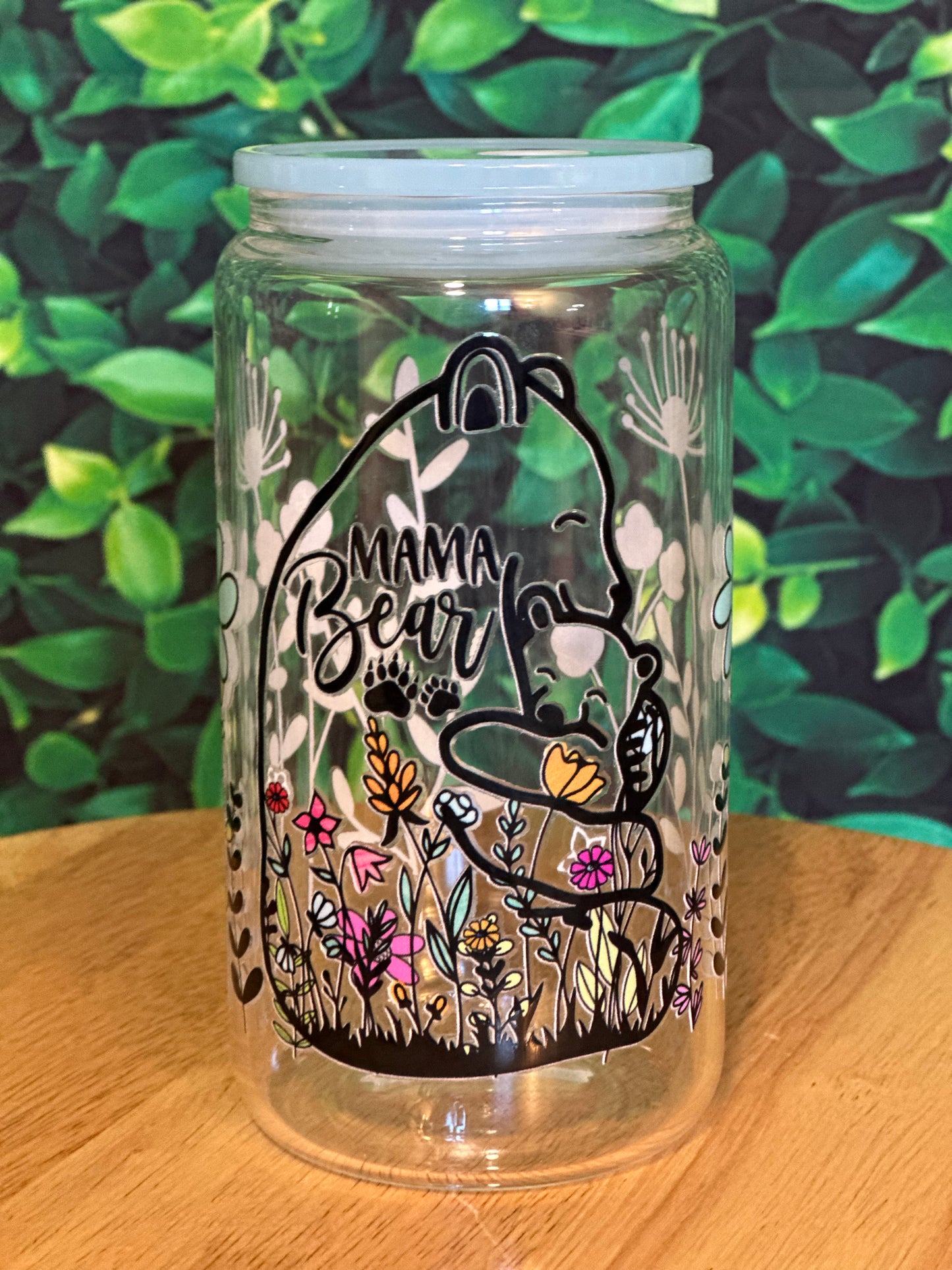 Mama Bear with Flowers 16oz Glass cup