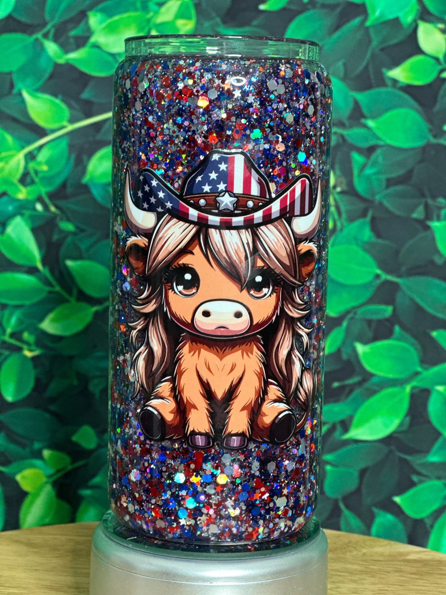 16oz Glass Snow Globe Tumbler patriotic highland cow