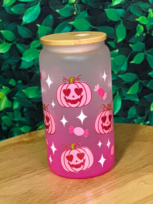 Pink Pumpkins on pink frosted glass cup