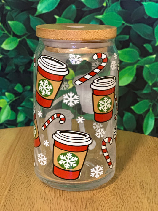 Coffee and Candy Canes glass cup