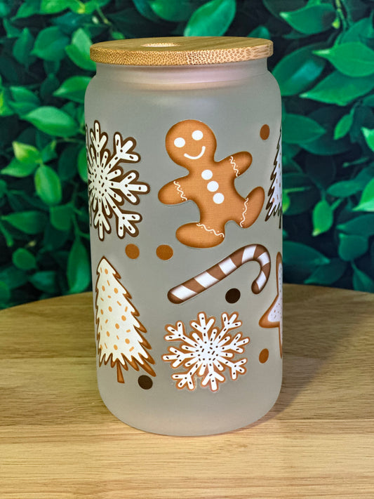 Gingerbread man and candy canes 16oz frosted glass cup