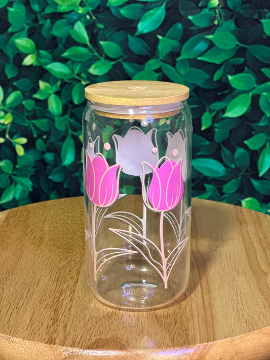 Tulips on a 16oz glass cup