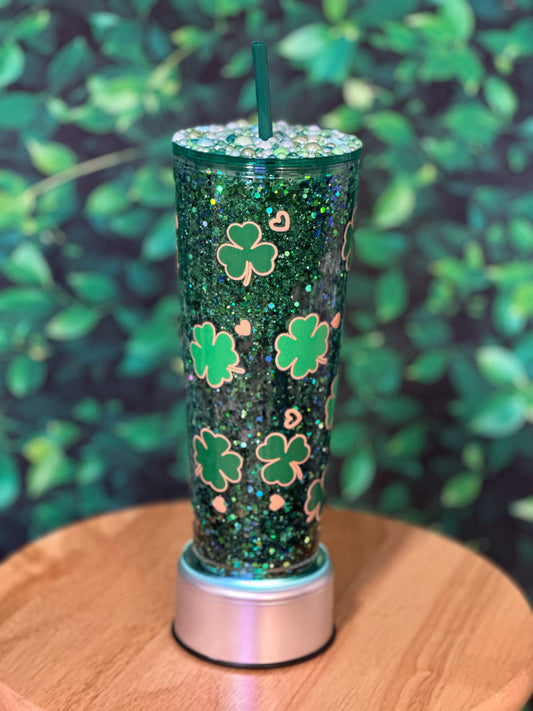 Shamrocks 24oz snowglobe tumbler with Rhinestone lid