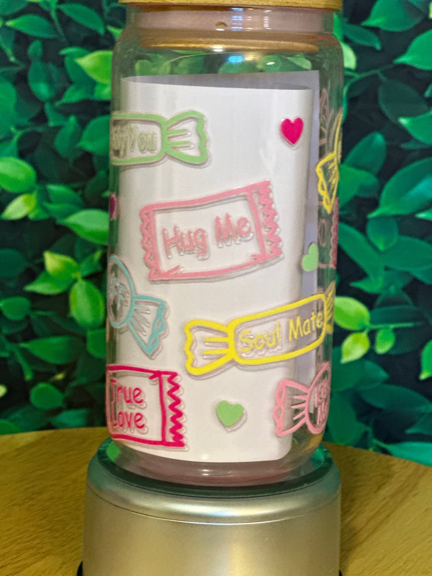 Message Candies on a 16oz glass cup